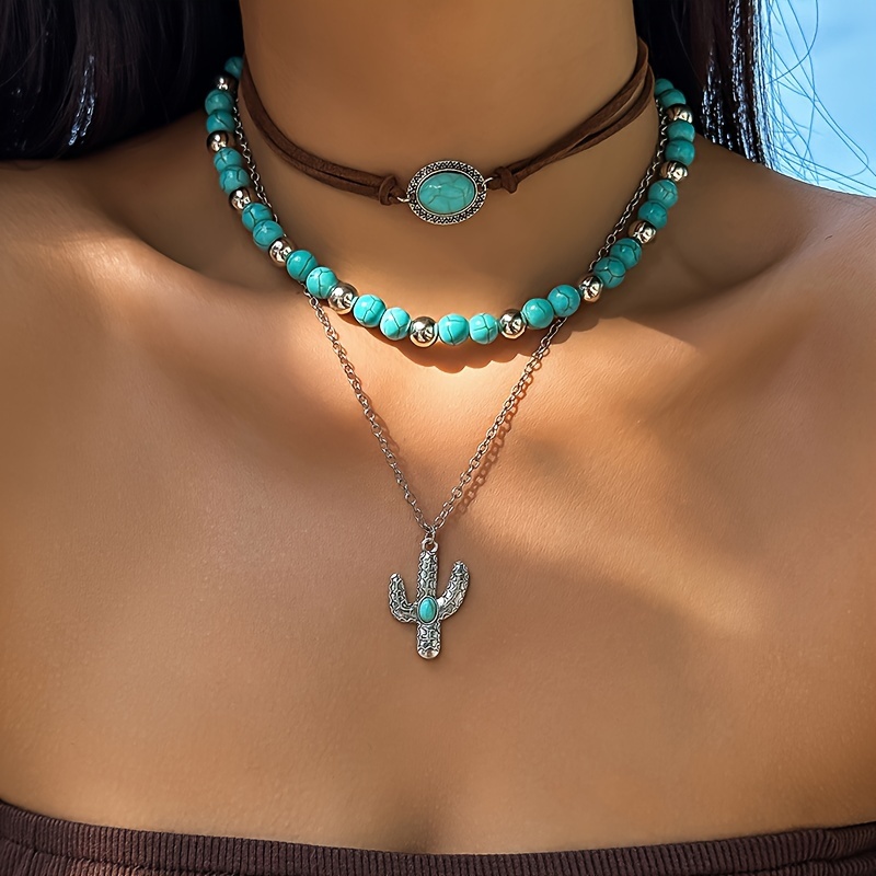 

3pcs, Vintage Imitation Turquoise Sweater Chain, Niche Beaded Necklace Set, Brown Suede Necklace Set, Bohemian Style Jewelry