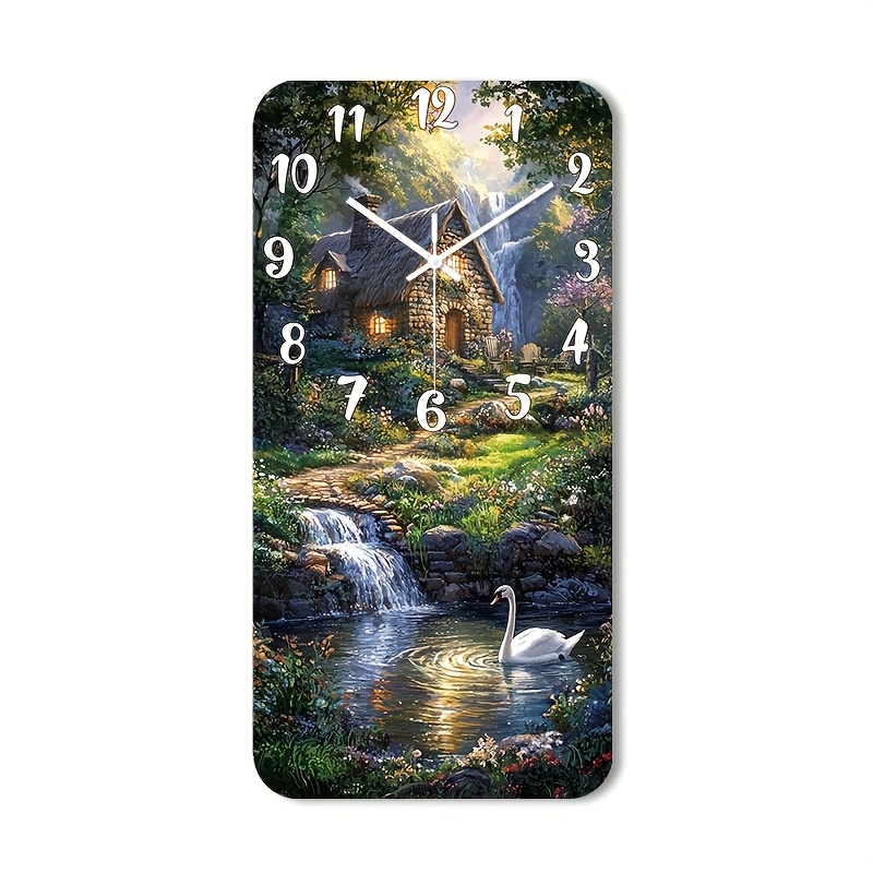 TEMU 1pc Of A Quiet Wall Clock That Tick, Featuring A Decorative Square Design With A High-definition Glossy End, Showcasing A Cottage By , Suitable