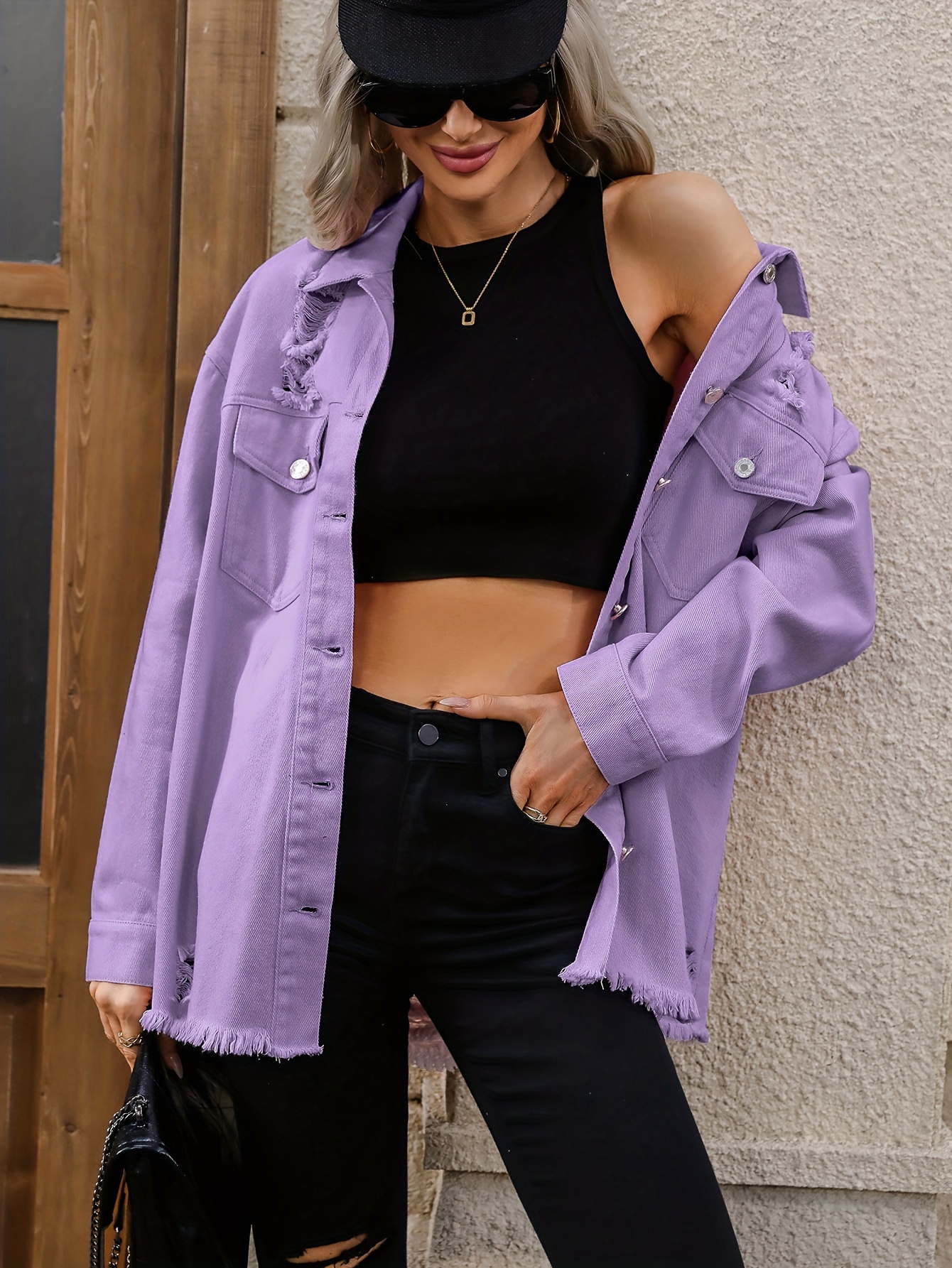 Abrigo De Mezclilla Morado Con Dobladillo Desgarrado Chaqueta De Mezclilla Lisa De Manga Larga Con Solapa Extragrande Y Botones Jeans Y Ropa De Mezc