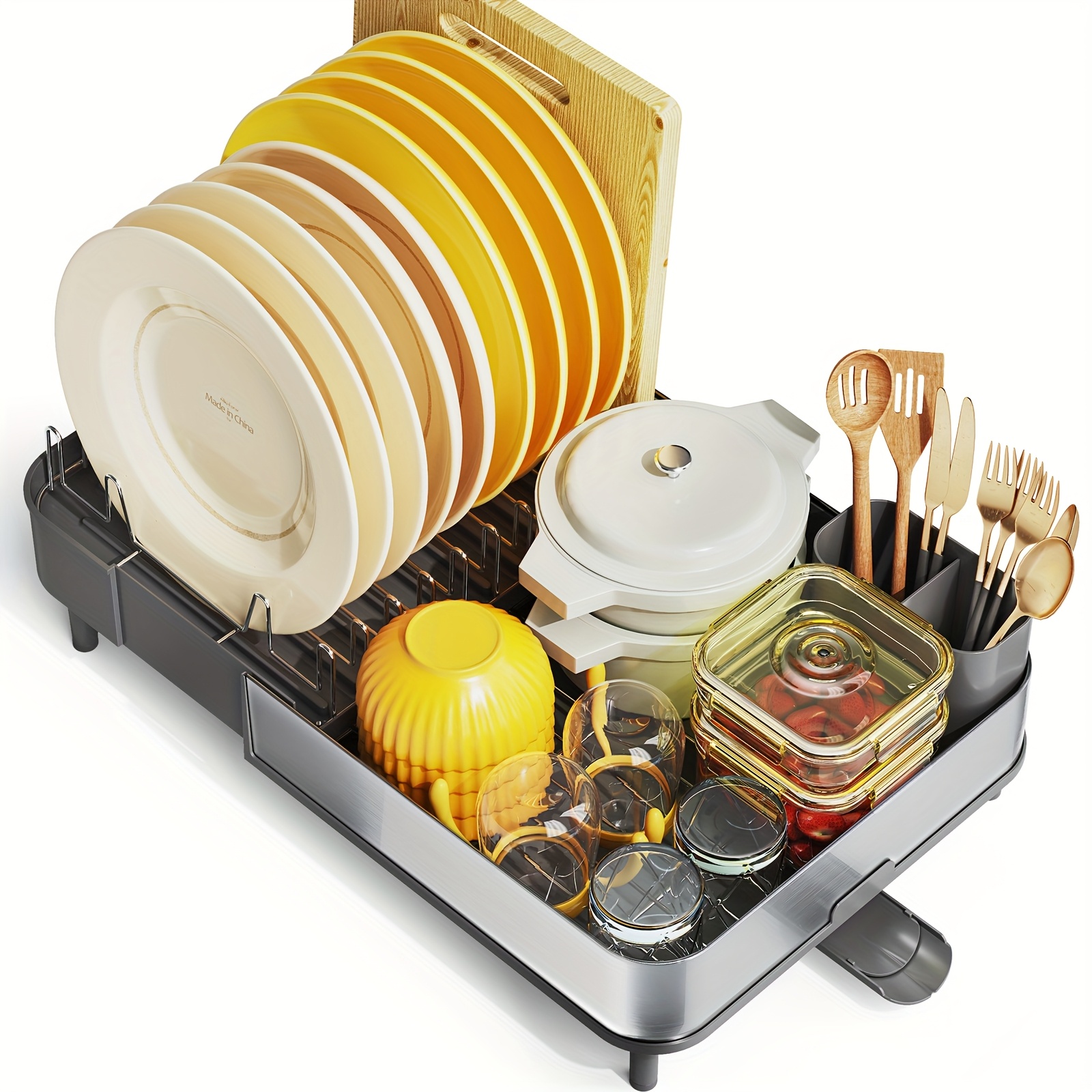 TEMU Kingrack Expandable Dish Drying Rack, Stainless Steel Dish Holder With 2 Sections, Kitchen Counter Dish Rack, Adjustable Utensil Drainer