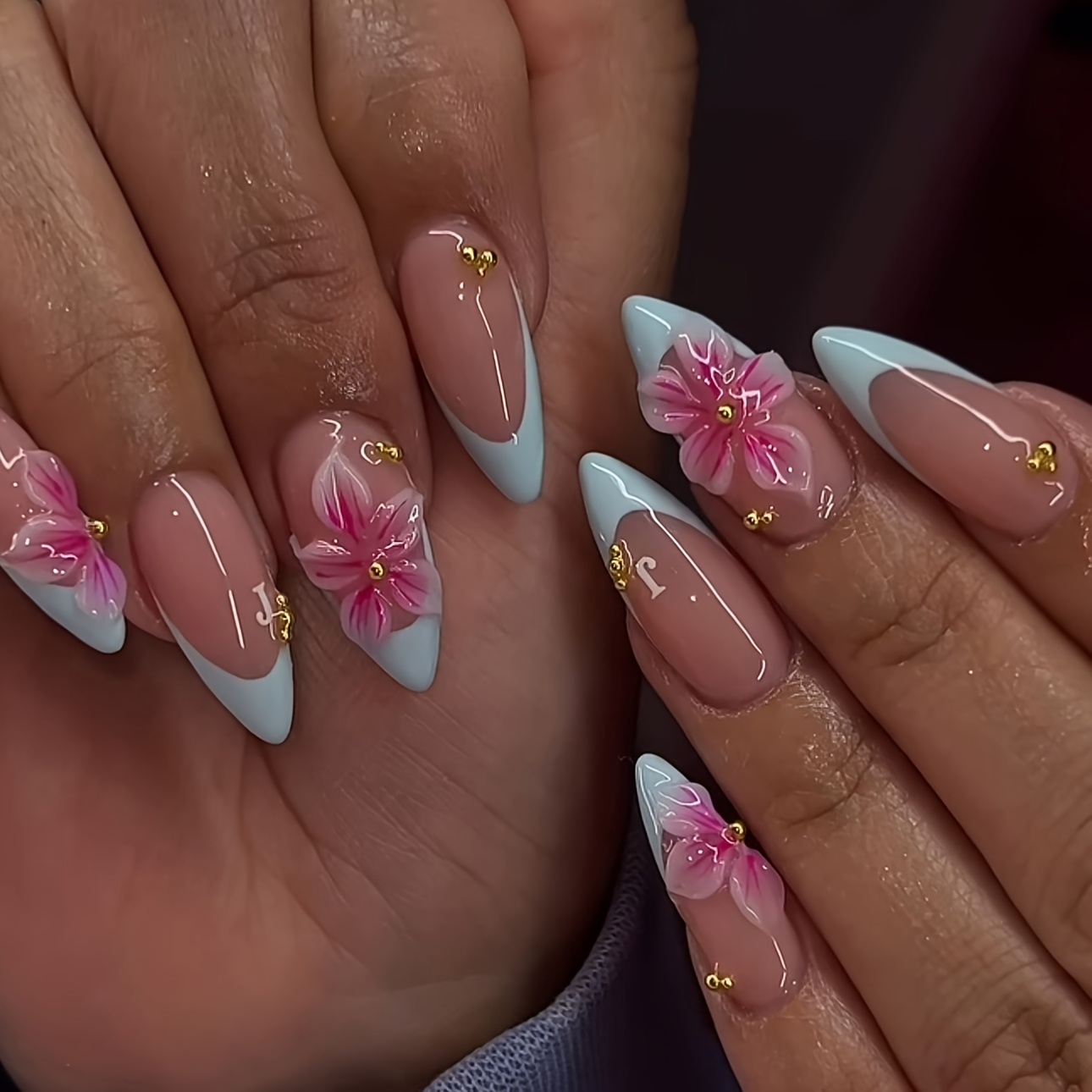 TEMU 24pcs Danartlux On Nails Suitable For Women - Almond Shape Medium Length Reusable Fake Nails With Pink Flower & Light Blue Tips, 3d Golden Bead