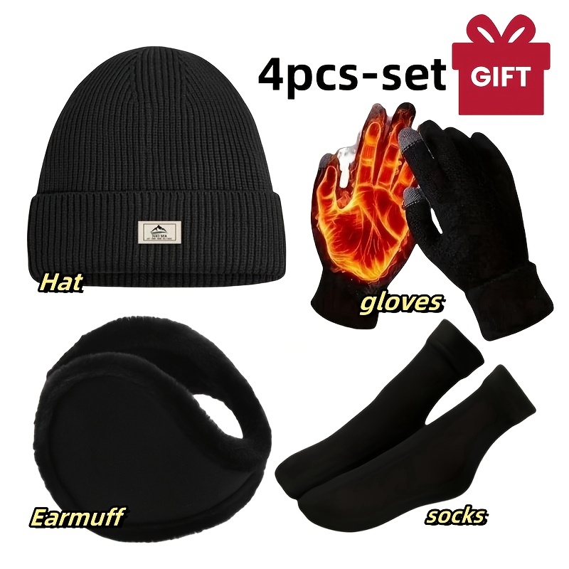 

Men's 4pcs Winter Sports Set: Knit Beanie, Gloves, Earmuffs & Non-slip Socks - Casual , Outdoor Sports