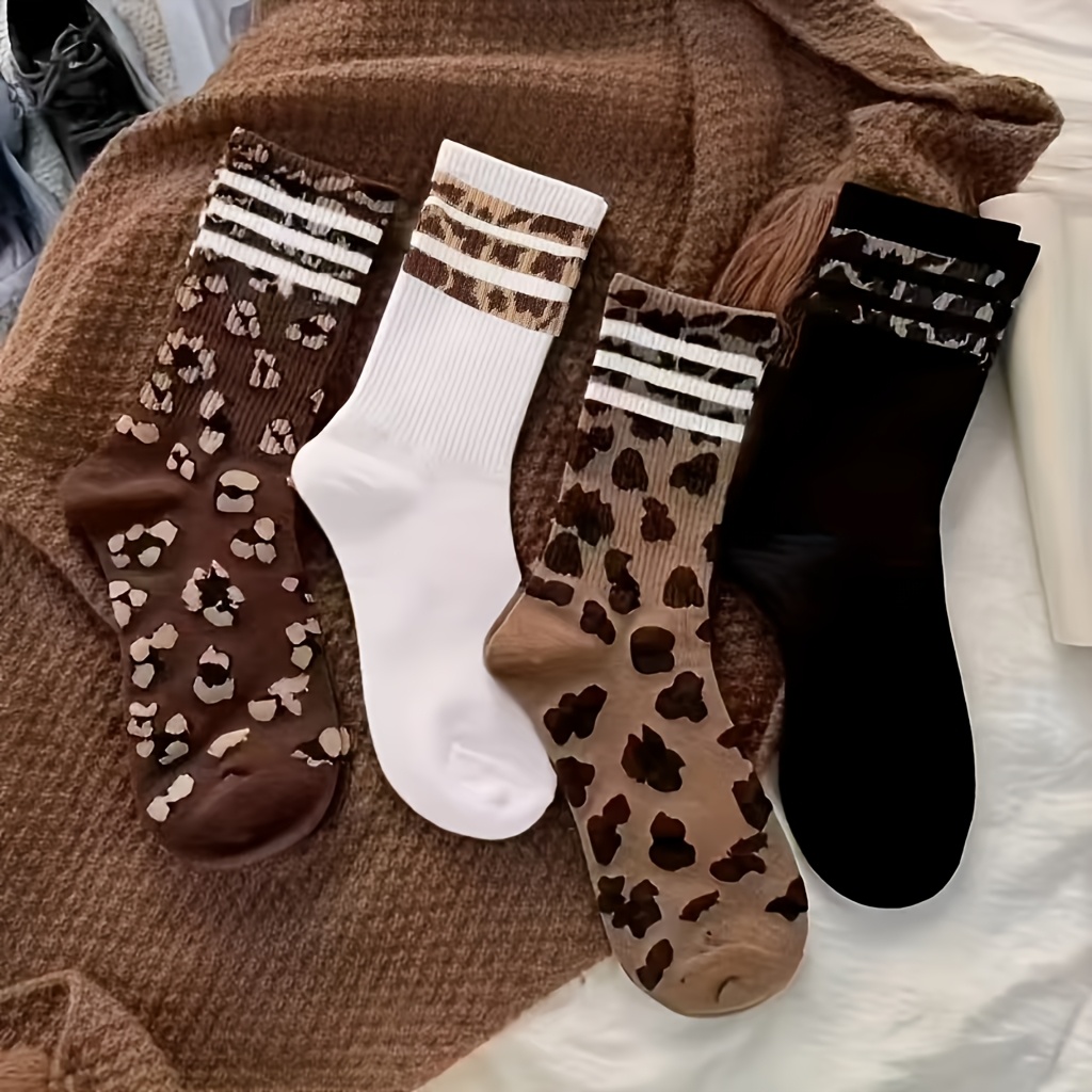 TEMU 4-pair Spotted Leopard Print Thigh-high Socks, Versatile, , Comfortable, And Soft