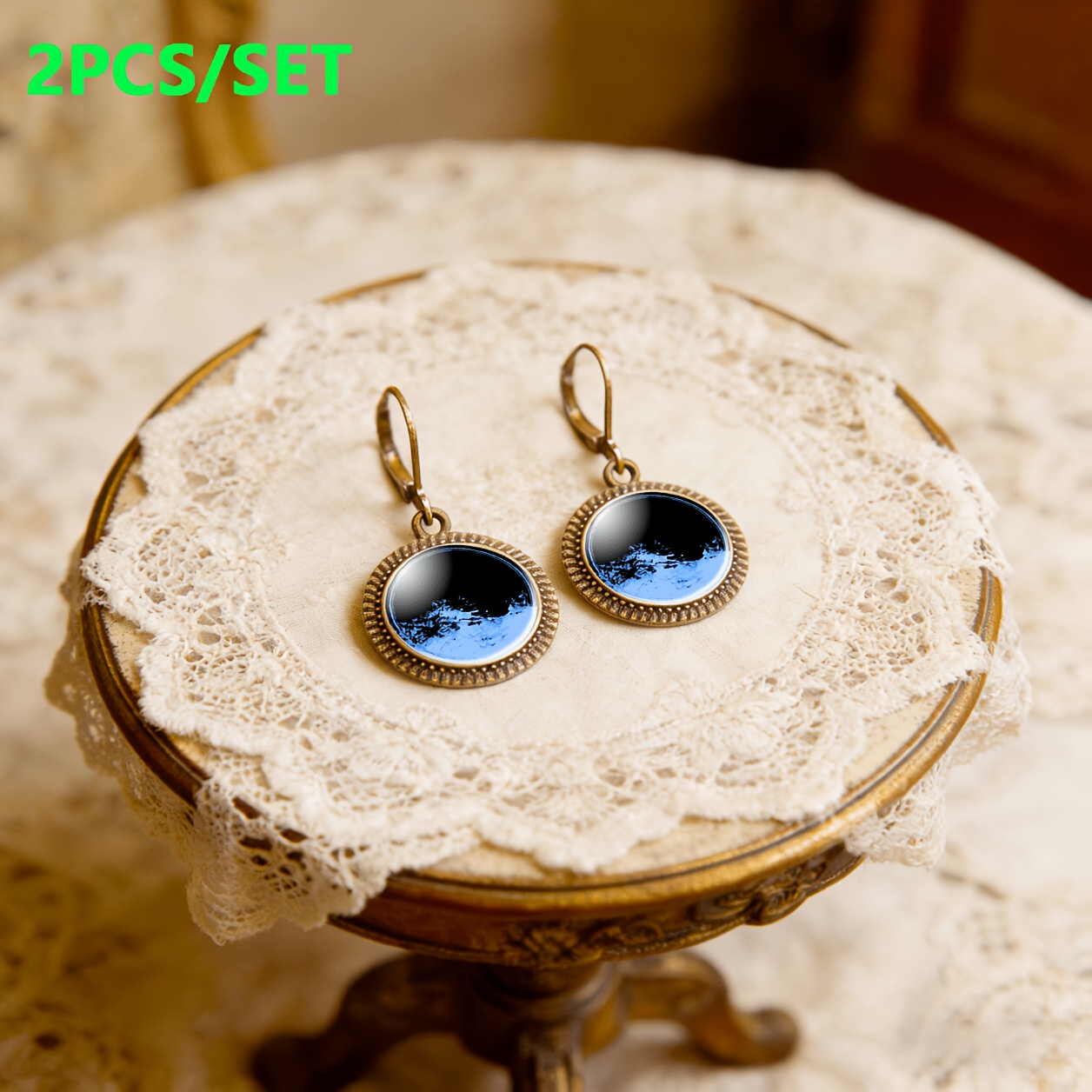 2pc Teal Classic Pendant Earrings Set, Abstract Art Design