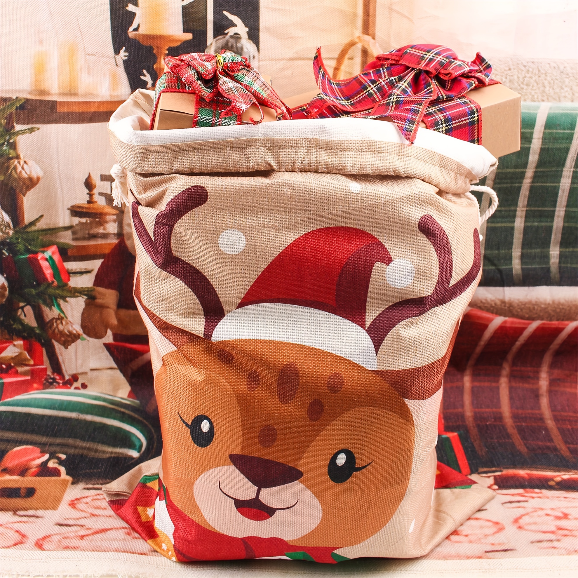 

Reindeer-themed Christmas Gift Bag With Drawstring - Diy Holiday Party Favor Pouch, Burlap Material With Hemp Rope, 18.9" X 25.9" - Gifts & Decorations