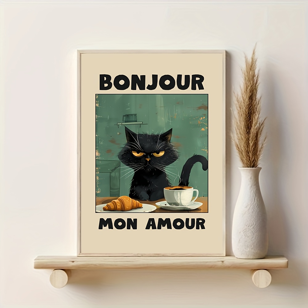 TEMU Póster de , 1 pieza, obra de arte "Green Mon Black Cat Breakfast", pintura en para cocina, u oficina en casa, sin , decoración de interior |