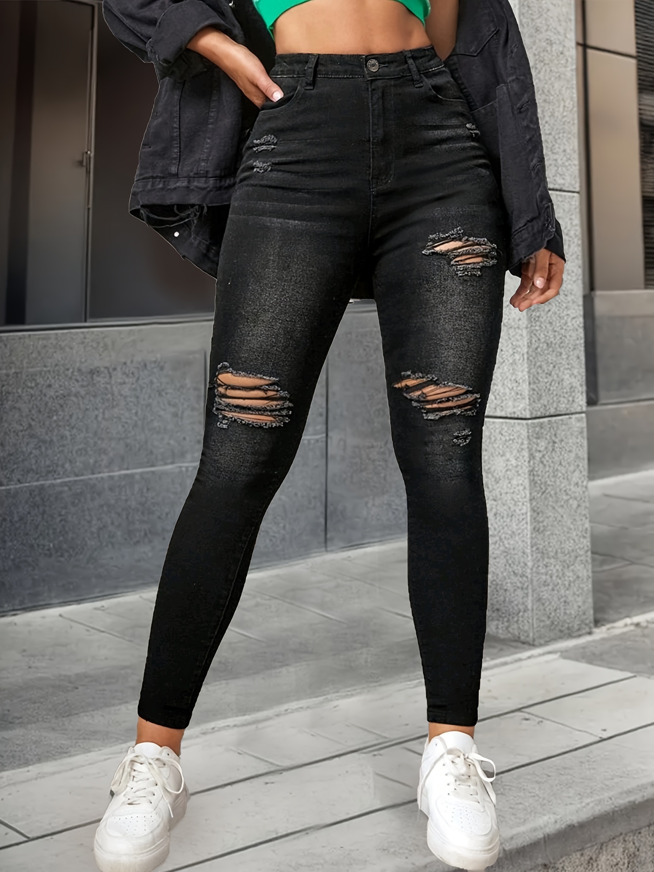 High Ripped Skinny Jeans Distressed Cut Knee Hem - Temu Canada