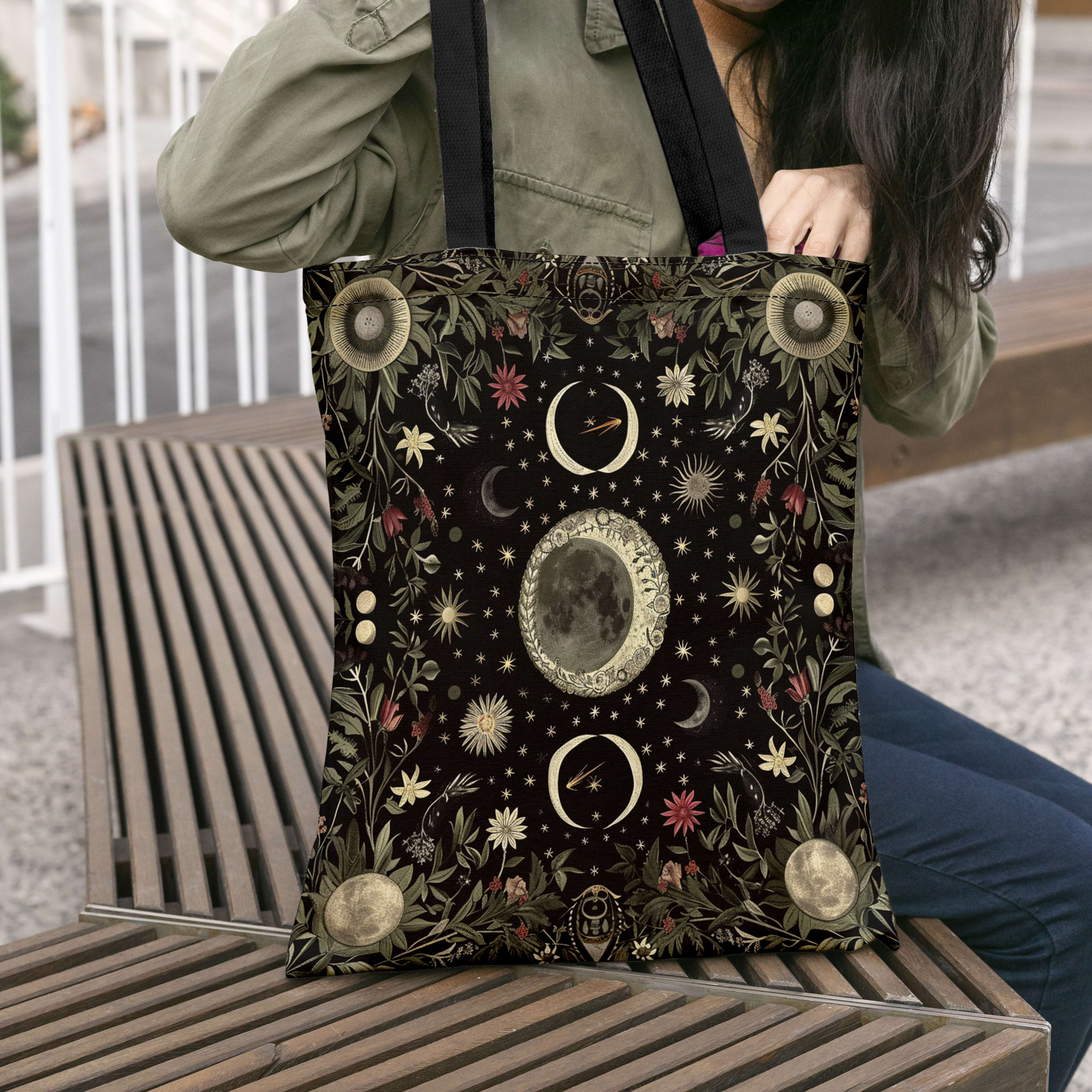TEMU A Stylish And Canvas Bag Featuring A Mysterious Lunar Floral Theme, With Patterns And Sun, Perfect For Shopping, Travel, And Everyday Use. An