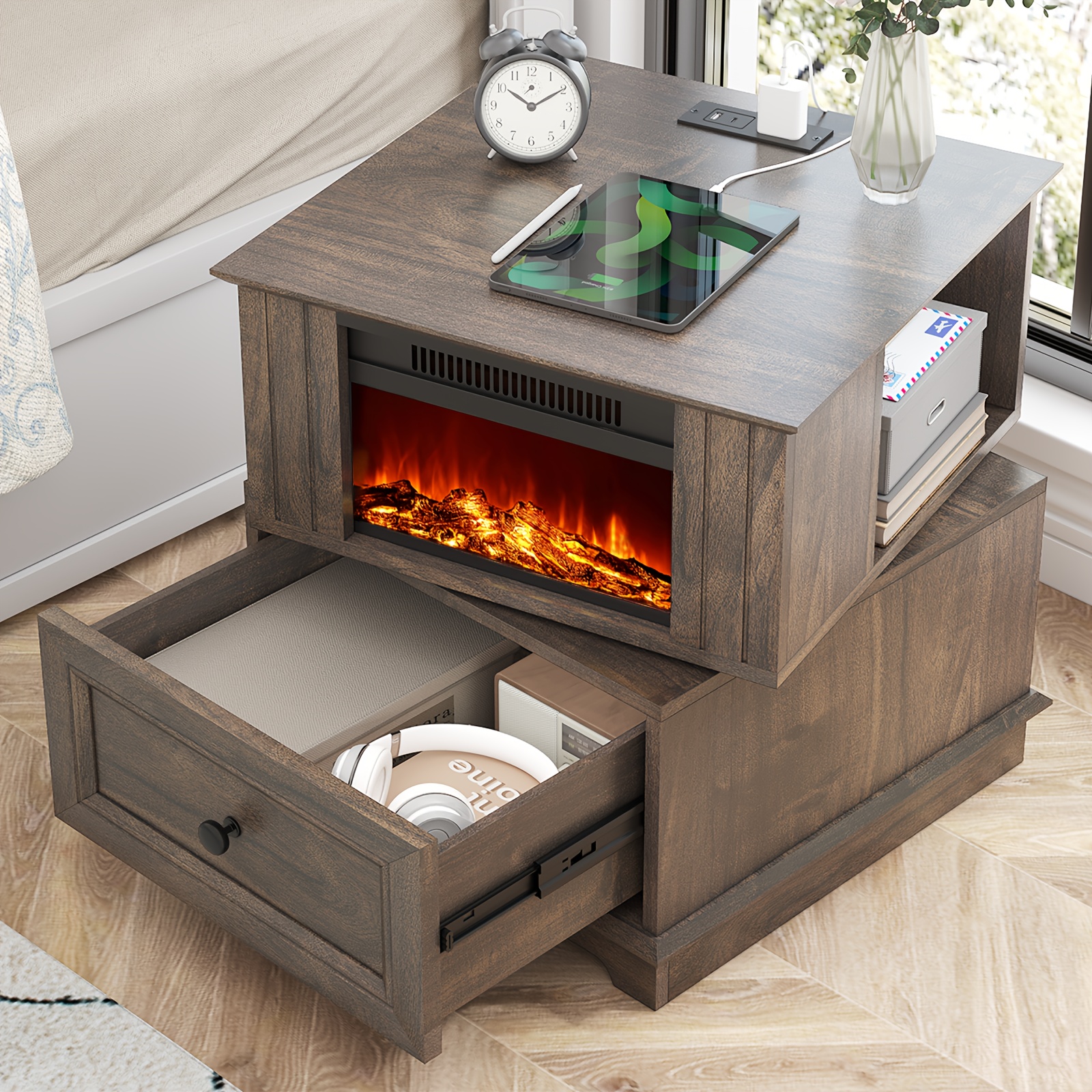 

Rotating End Table With 13" Electric , Side Table With Fast Charging Station, 1400w Fireplace End Table With Storage, Wooden Side Table For Living Room, Bedroom, Office