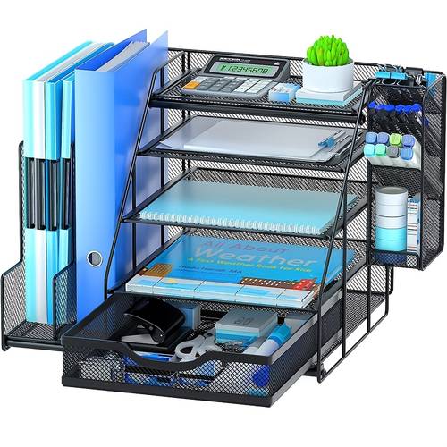 organisateur de avec plateau à lettres à 5 niveaux, compartiments de rangement et tiroir, support à 4 rangs, idéal pour les fournitures de bureau et les magazines