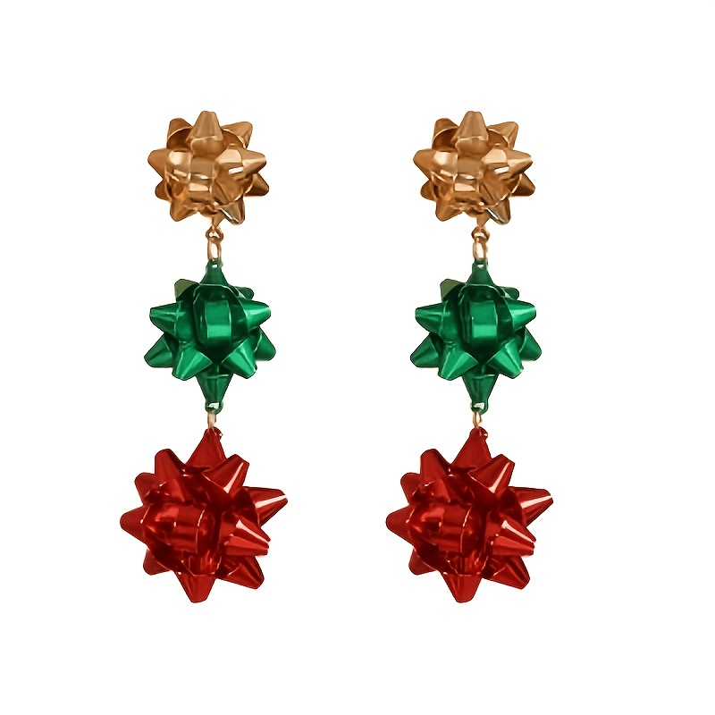 TEMU Boucles d'oreilles longues rétro or avec nœud floral, crochets d'oreille contrastés pour une ambiance festive de Noël