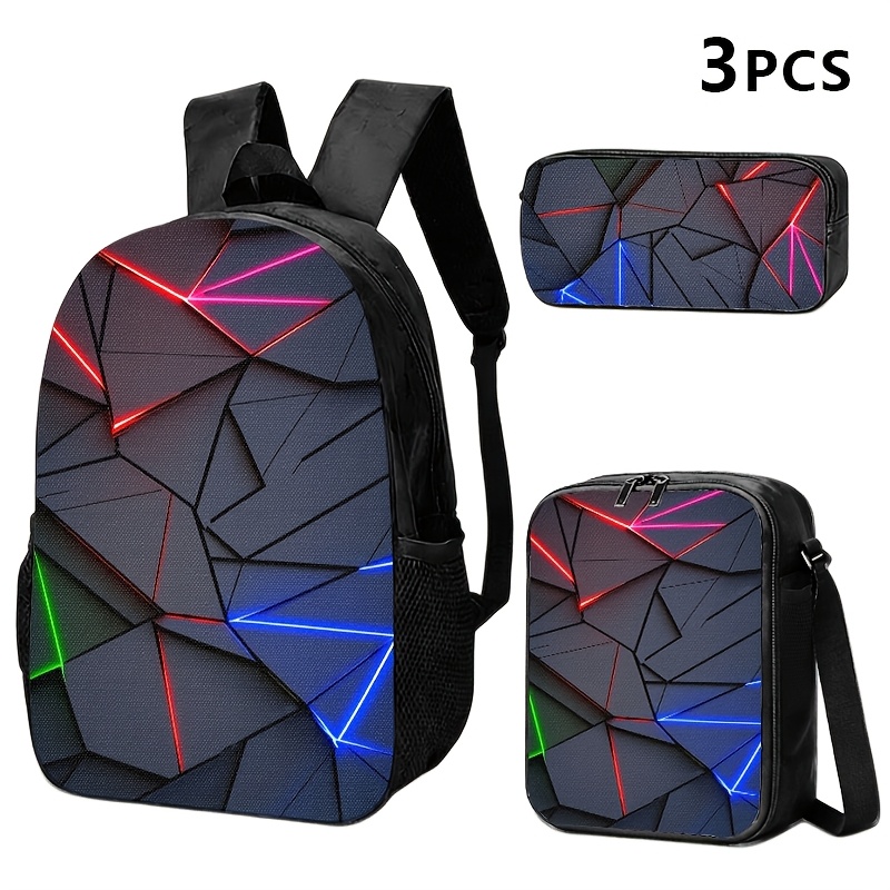 TEMU 1pc/2pcs/3pcs This Backpack, Shoulder Bag, And Storage Pouch Feature A Geometric Neon With Red, Blue, And Green Accents On A Black Background.