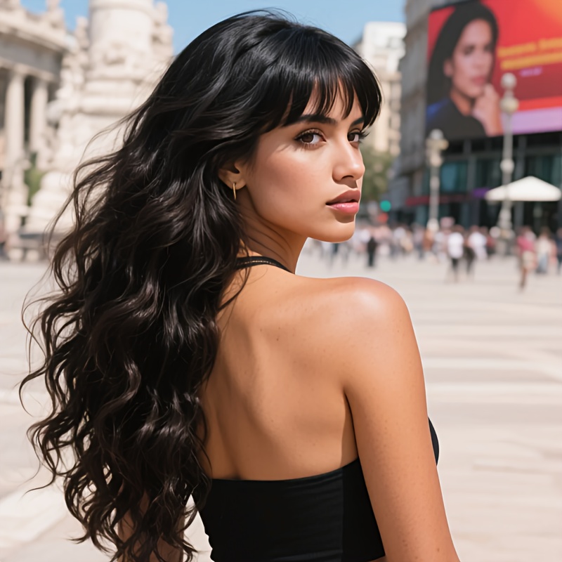 TEMU -inch Long Wig, With A Deep Curly Shape At And Bangs , Black And Sexy, Suitable For Traveling And Taking Pictures Women's Hair Additions