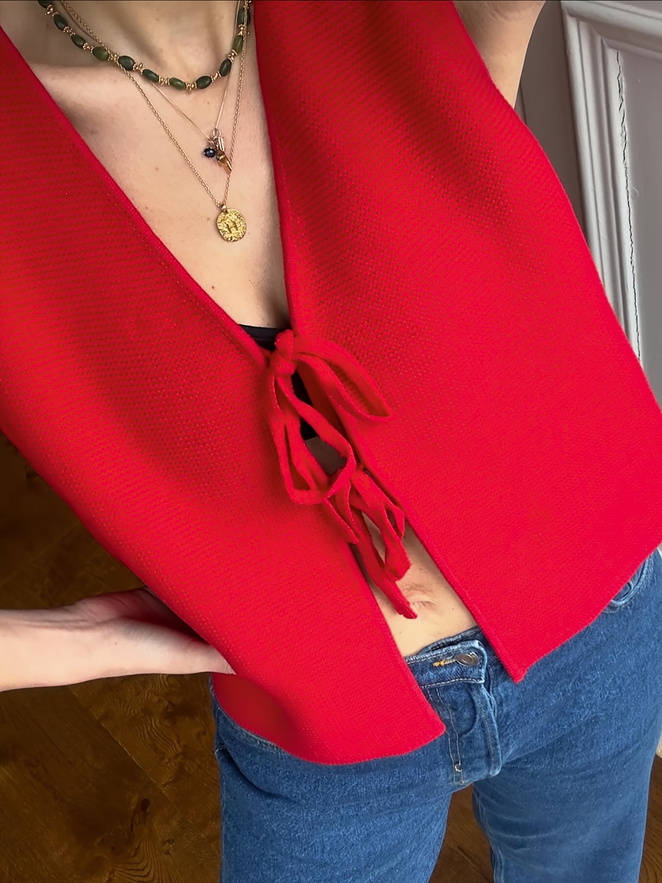 Gilet rouge à lacets, style élégant avec cardigan à nœud tendance,  vêtements pour femmes printemps-été