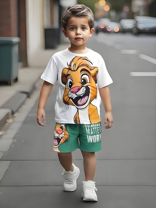 2pcs set boy summer set cute lion t shirt and green knitted sports shorts suitable for daily vacation as gift outdoor
