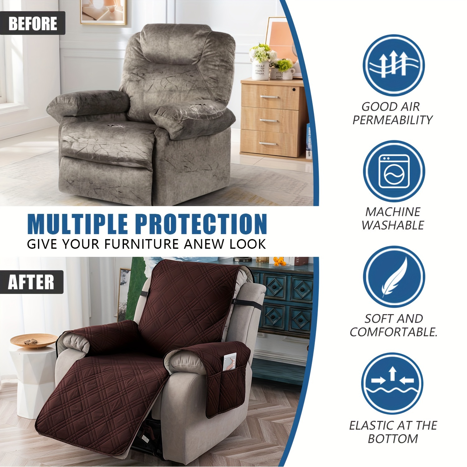 1pc 100% Waterproof Recliner Chair Cover, Non Slip Recliner Slipcover for Recliner Chair with Pocket, Washable Reclining Chair/Furniture Protector for Pets(Recliner Chair), Easy to Install & Easy Care, ReclinerCompatible,, Home Doc.