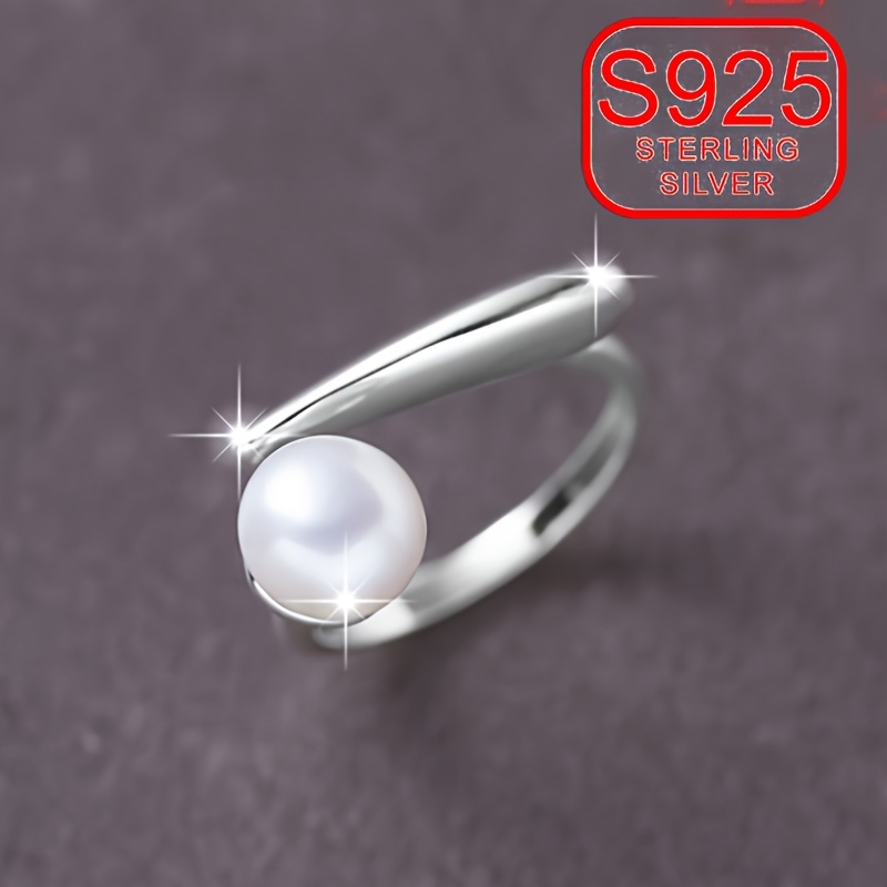 925 Silver Ring w/ Pearl Adjustable Geometric Band for Daily Wear
