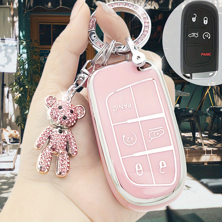 

Car Key Fob Cover With Rhinestone Bear, Soft Tpu Car Keys Protector Case For Jeep For Chrysler 200 300 For Dodge For Ram For Challenger Smart Key