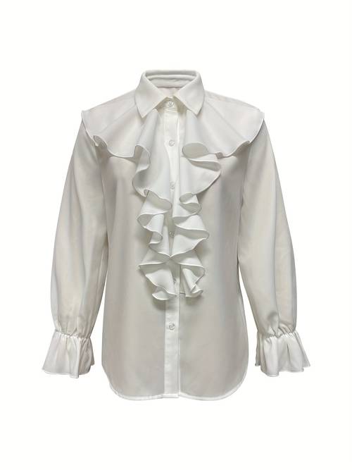 weißes rüschenhemd mit ausgestellten ärmeln aus satin für damen, vielseitiges high-end-oberteil für pendeln, temperamentvoll, neu für frühling und sommer