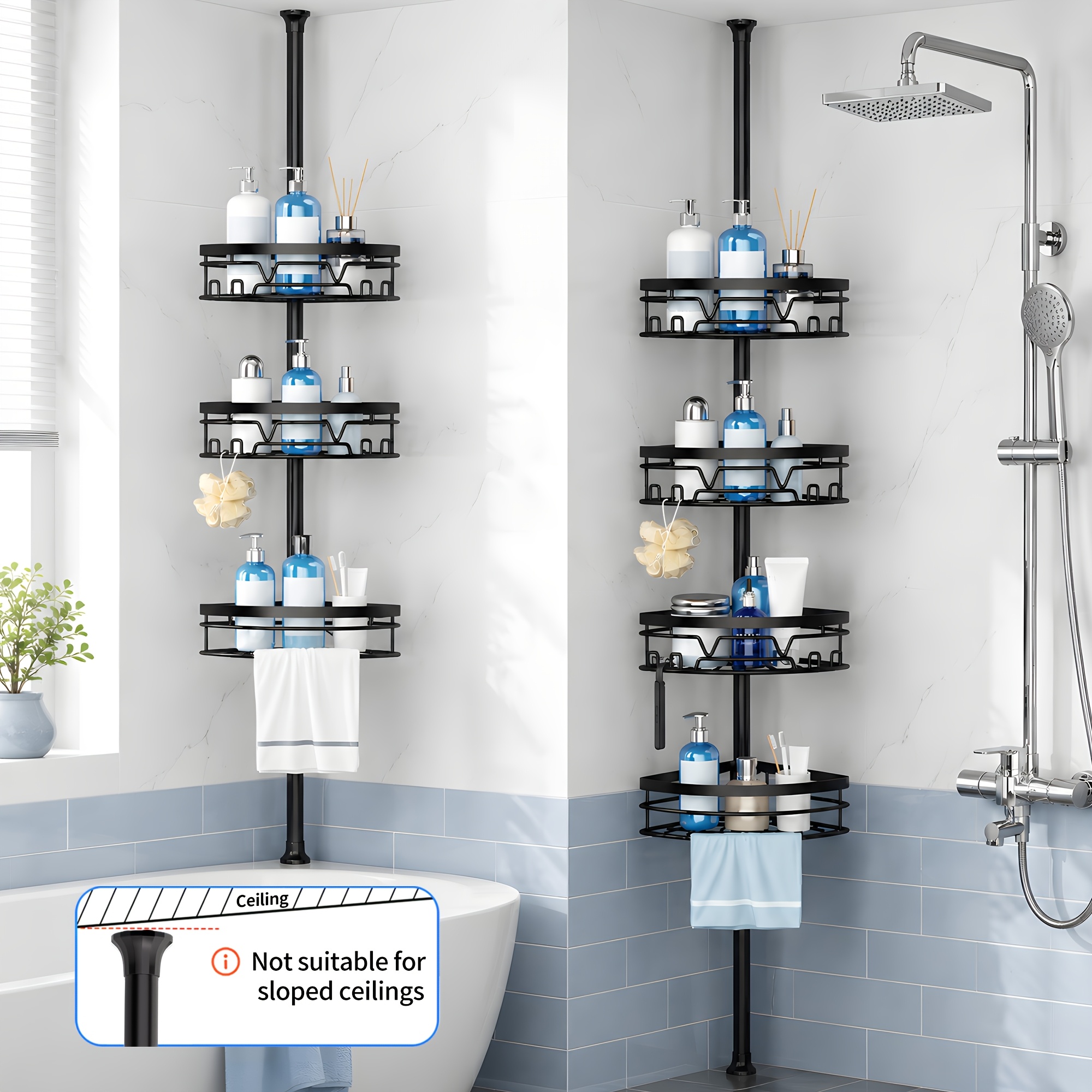 TEMU Adjustable Tension Pole Shower Caddy, 63.5-290cm, Heavy Duty Rustproof Fan-shaped Corner Shelves, Space Bathroom Storage Rack, No Drilling