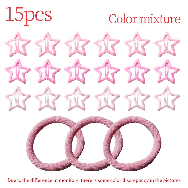 TEMU 15 12 Hair Ties 3pcs / 21 18 Hair Ties 3pcs - Pcs Dopamine Pink Metallic Star Hair Accessory Set, Bohemian Style, Side Hair Clips And Hair Ties,