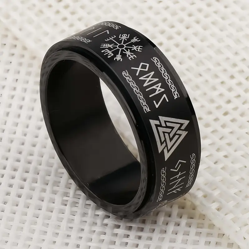 retro viking style stainless steel ring black rotating anxiety ring with intricate knotwork snowflake design unisex jewelry for men women anniversary valentines fathers day gifts Product details 3