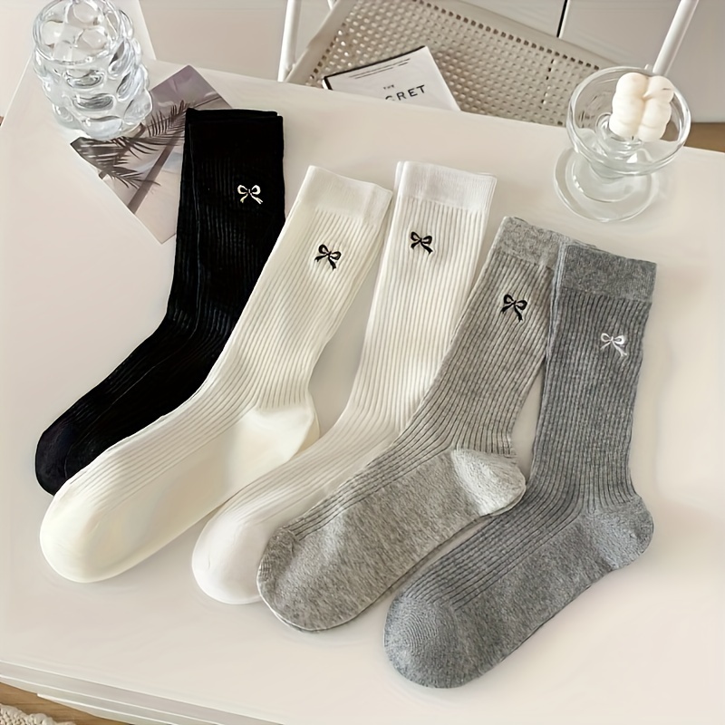 

5 Pairs Simple Bow Embroidered Socks, Comfy & Breathable Mid Tube Socks, Women's Stockings & Hosiery