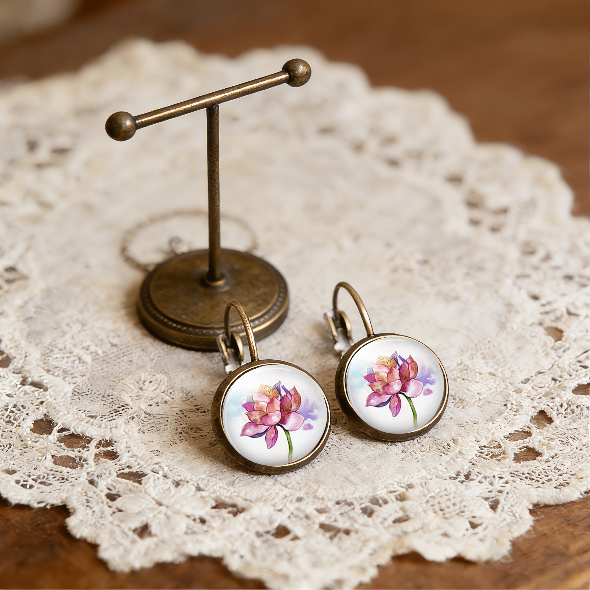 Cyan Round Classical Earrings with Lotus Petals, Elegant Design