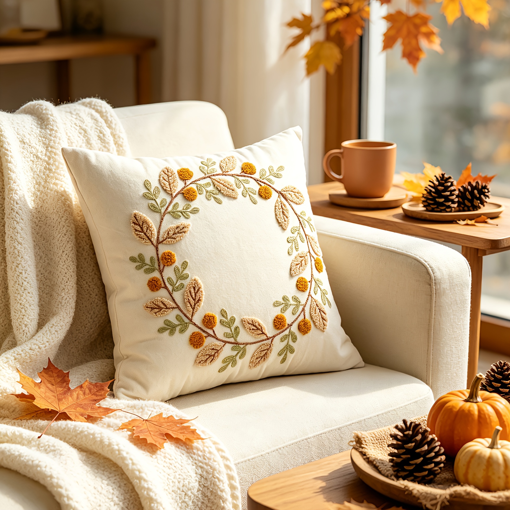 Image of 1pc Fall Pillow Covers Embroidery Autumn Leaf Wreath Decor Pillowcase Autumn Thanksgiving Decorations Outdoor Throw Pillow Covers Farmhouse Cushion Case For Couch Home