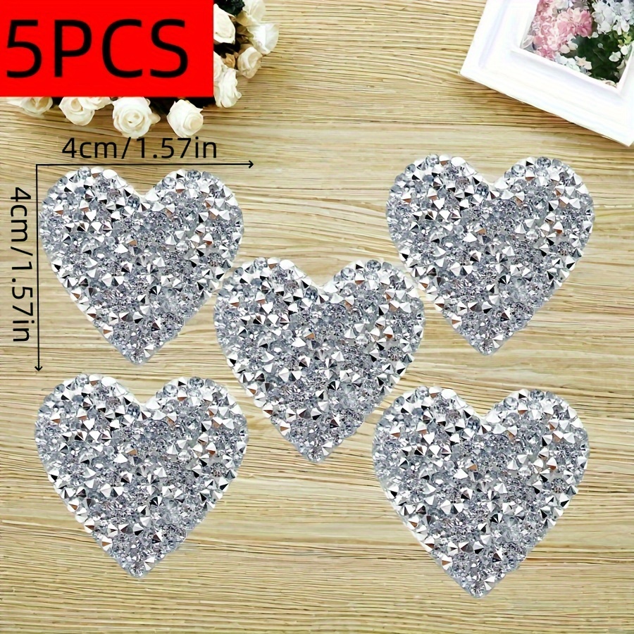 5pcs Rhinestone Patches Iron On Love Heart Appliqued Sewing Stickers Iron On Clothes Sequin Patches For Clothesdiy Shoe And Hat Additions For Holiday Decoration