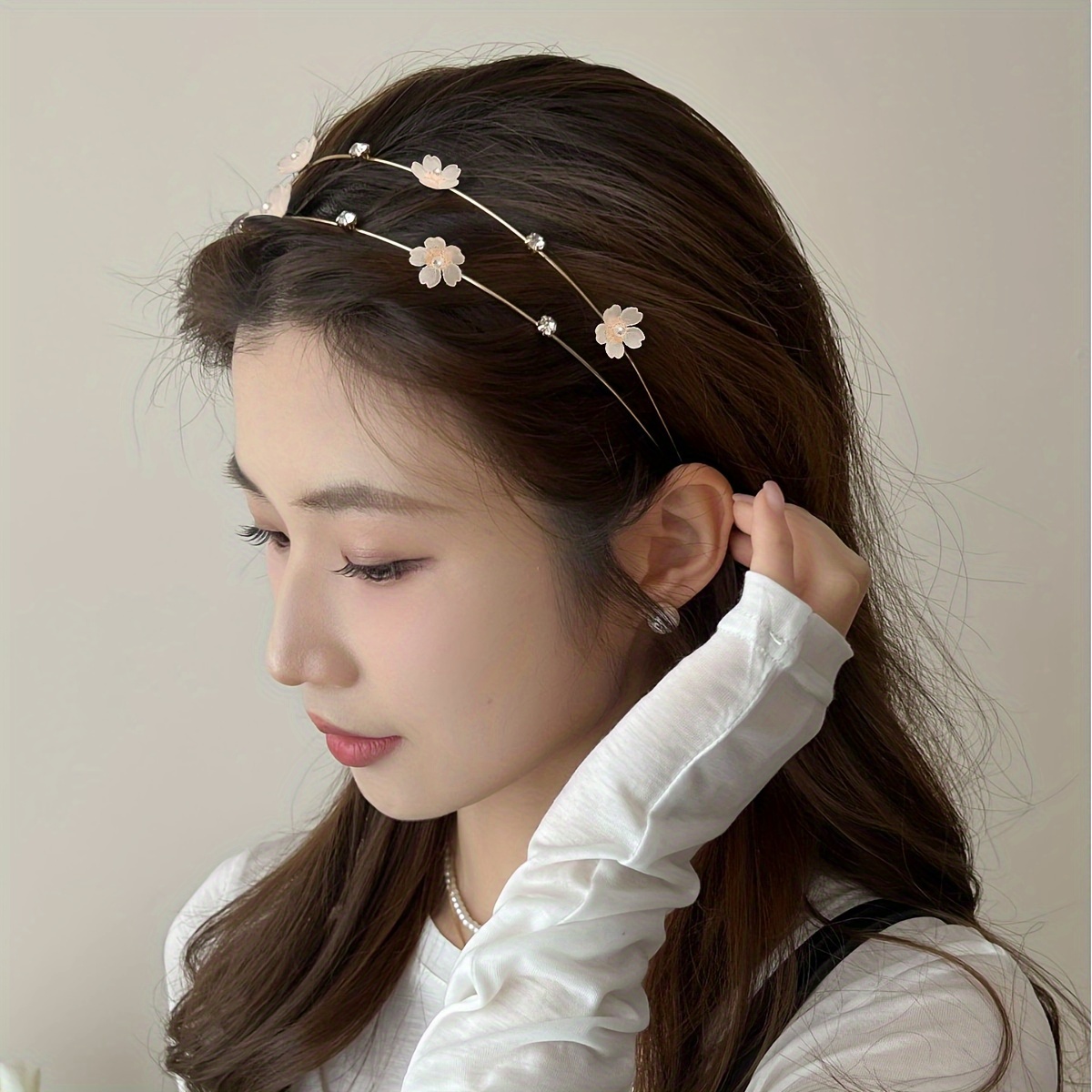 

Chic Double-layer Floral Alloy Headband With Pearls & Rhinestones - Sweet & For Women