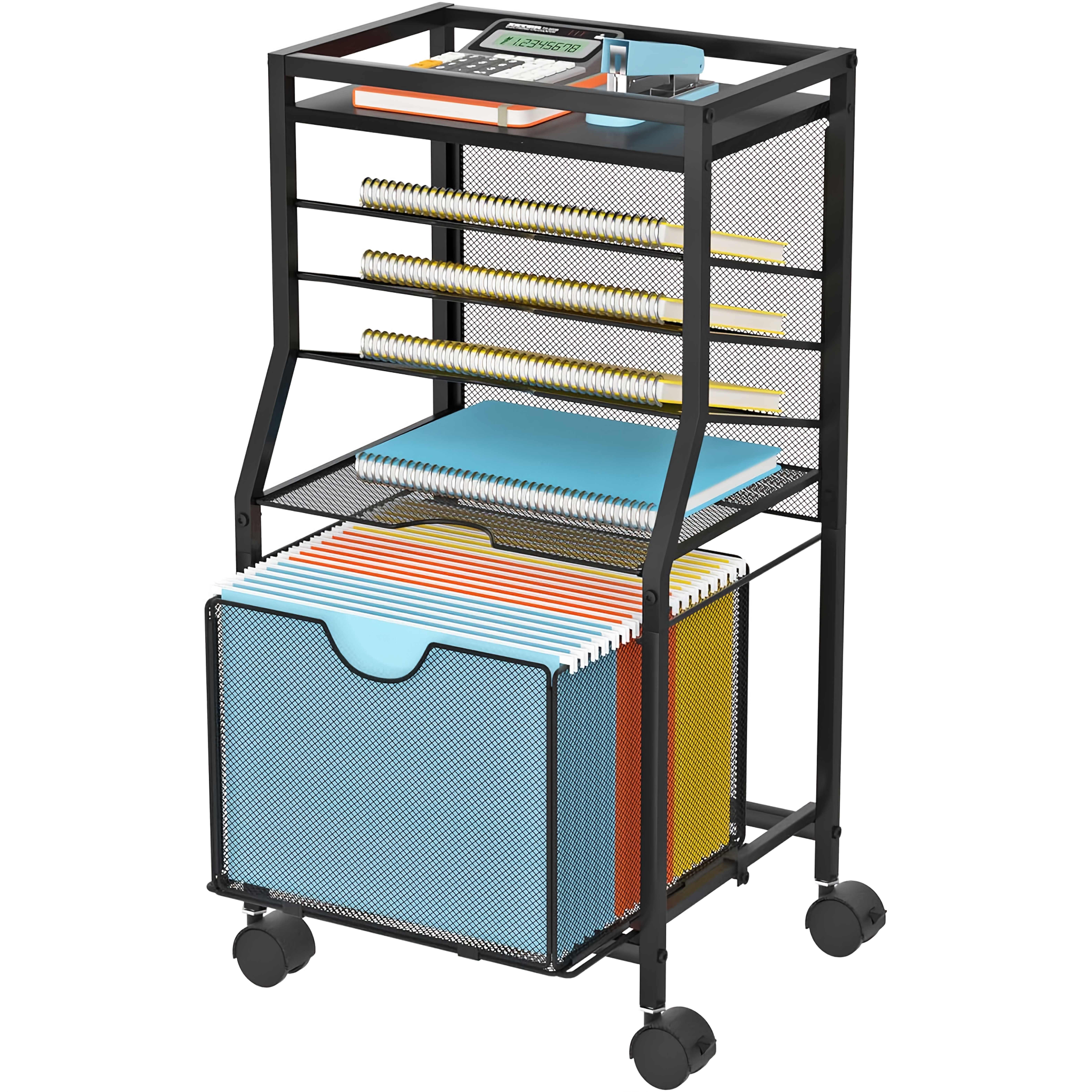 TEMU Rolling File Cart With Drawer, 1 Pack Metal File Organizer On Wheels For Hanging File Folders, Mesh & Wood Office Cart For Under Desk Storage,