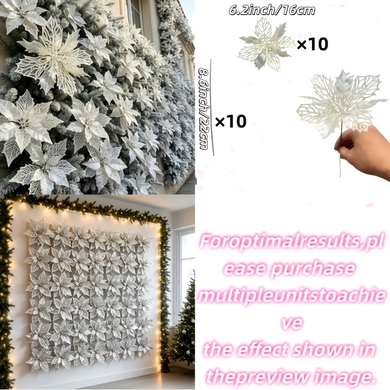 TEMU 20pcs Set - Silvery White Hollow Simulated Christmas Flower Ribbon And Stems, Suitable For Christmas Tree Decoration, Wreath Making, Background
