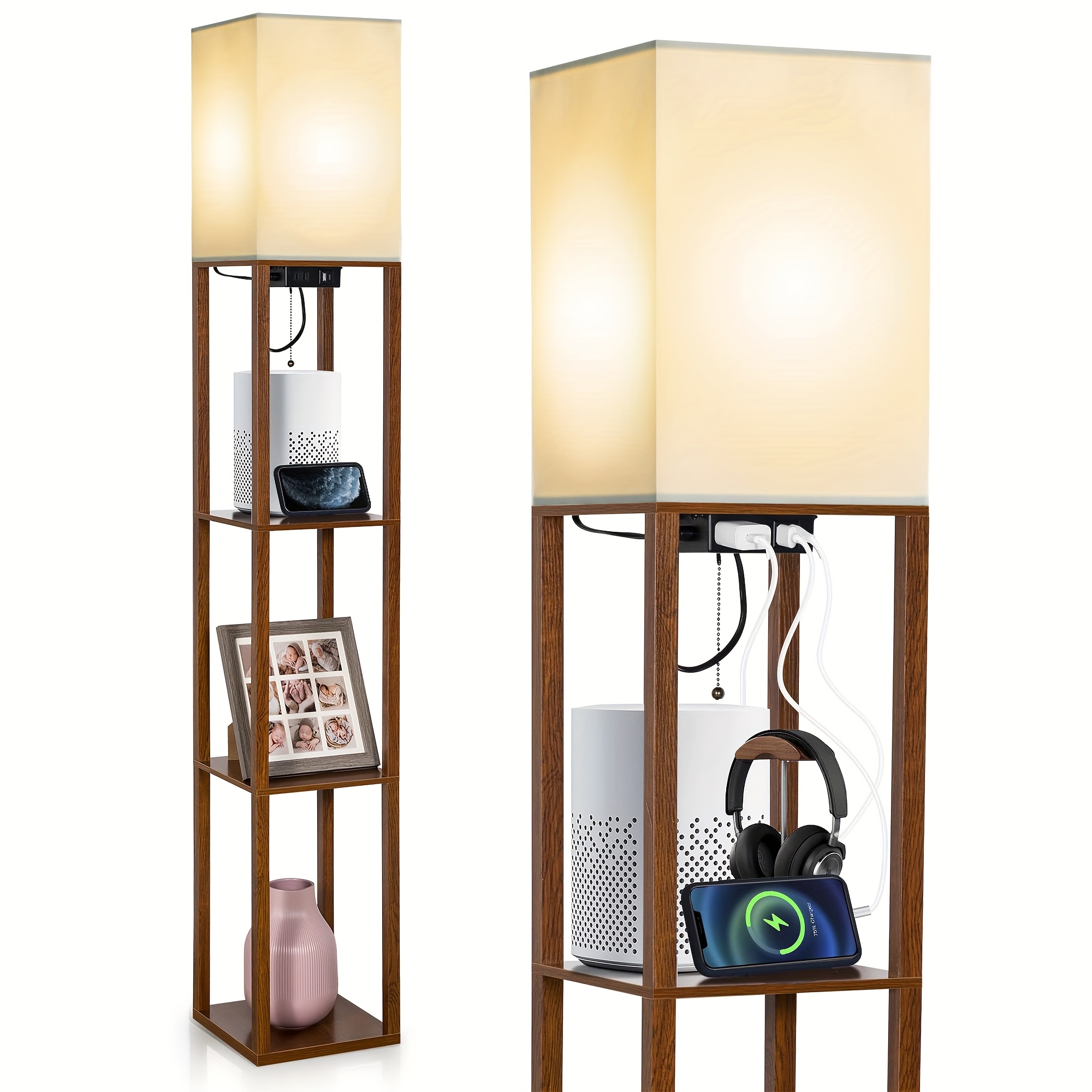 TEMU 1pc Column Floor Lamp With Shelves,, Modern Floor Lamp With 9w Led Bulb, Adjustable 3 Color Temperature (3000k/4000k/5000k), With Usb+type-c