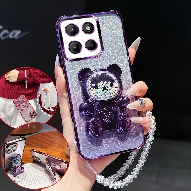 TEMU Phone Case: 3d Stand Case For Moto G15 4 Corner Shockproof Pad Phone Case With Cute Crystal Chain Lanyard Glitter Transparent Tpu Shell For Moto