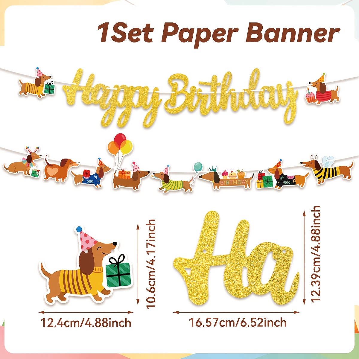 TEMU 1set, Banner, Happy Birthday Paper Banner, Dachshund Theme Hanging Flags, Happy Birthday Words Design, Sausage Dog Theme Birthday Party Banner,