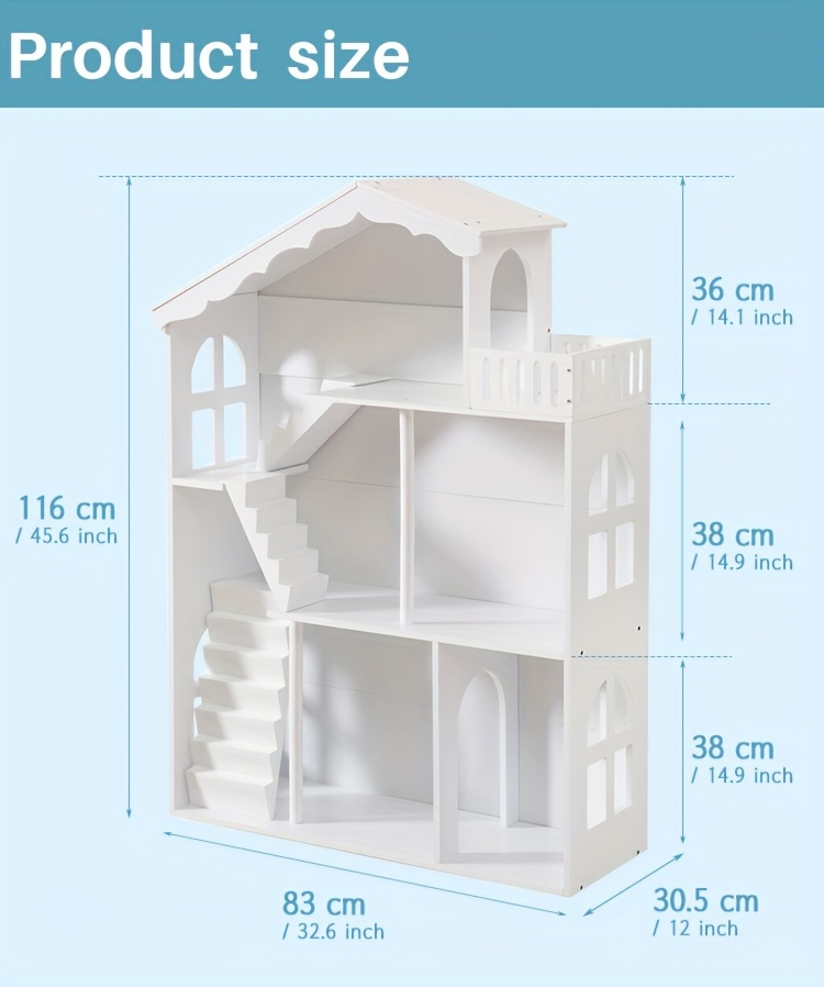 Wooden 3-Tier Doll House Bookshelf, White Kids Toys Storage Organizer, All-Season Playroom Nursery Shelves, Ideal Gift for Ages 3-8, Boys & Girls Bedroom Decor