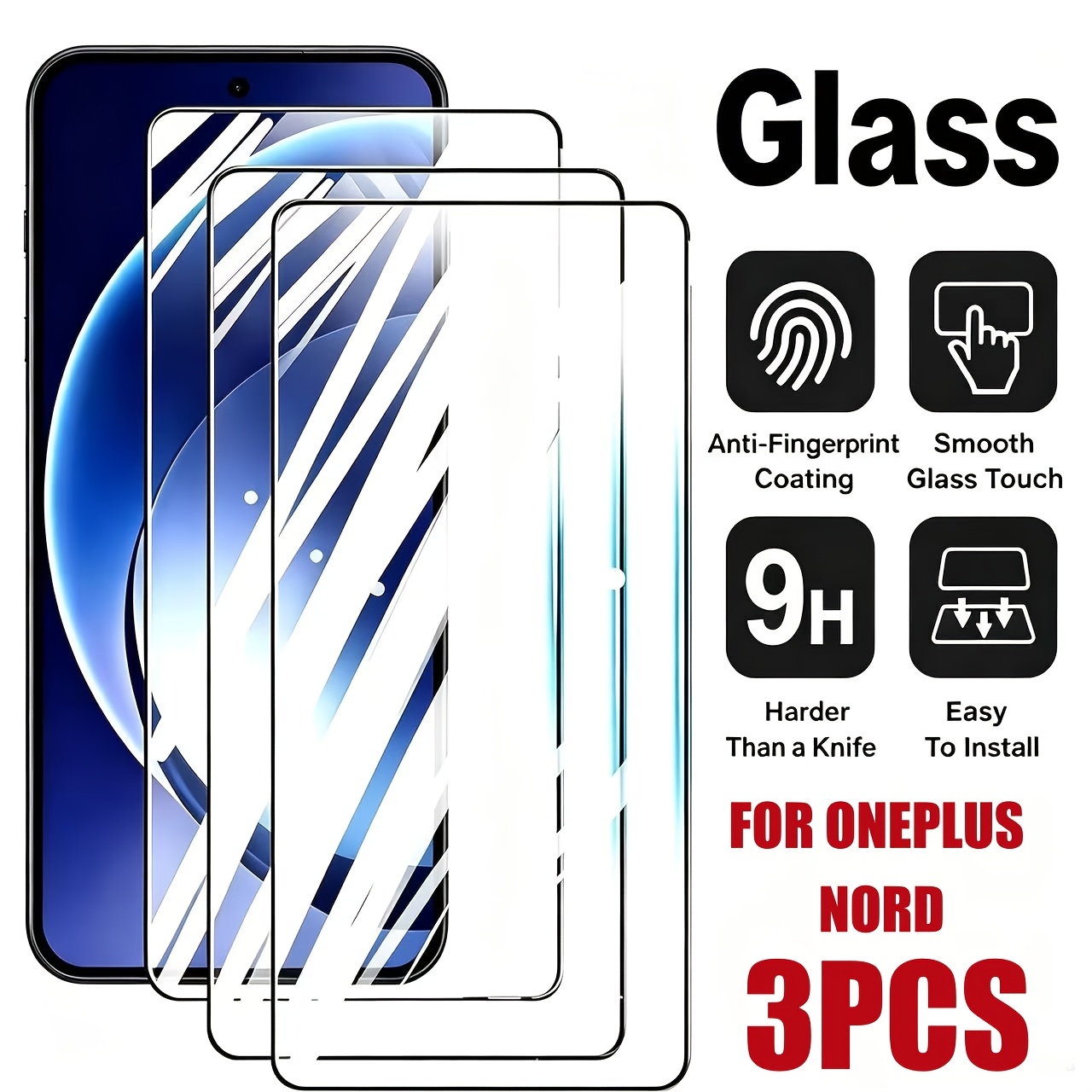 TEMU For Tempered Film Oenplus Nordce/nord Ce2lite/ce3lite/ce4lite/oneplus Nord4/nord3/nord5 6/ 9h Hardness Glass Screen Protector, 3pcs Pack , Full
