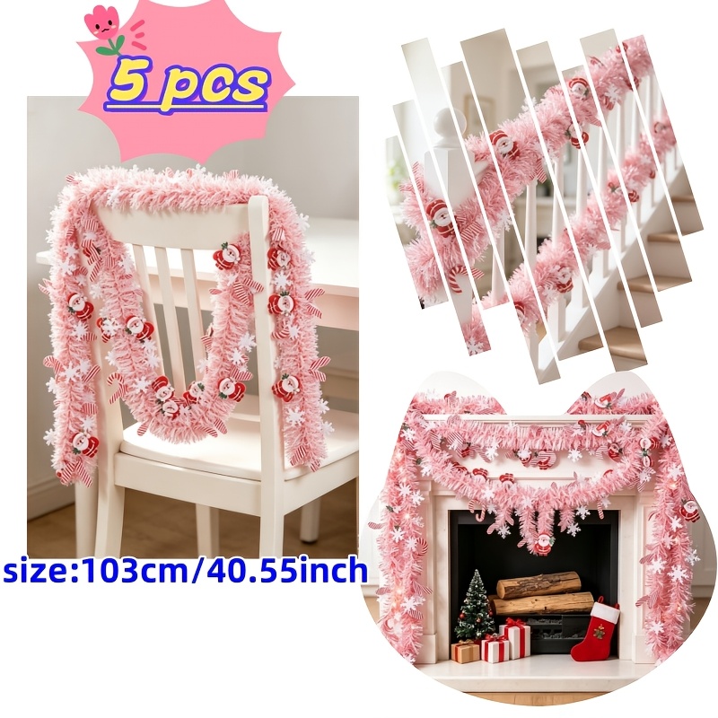 TEMU 5pcs Set = 200-inch Long Luxurious Pink Fringe Garland With Snowflake And Candy Cane Pendants, Suitable For Decorating Fireplace Mantels, Stair