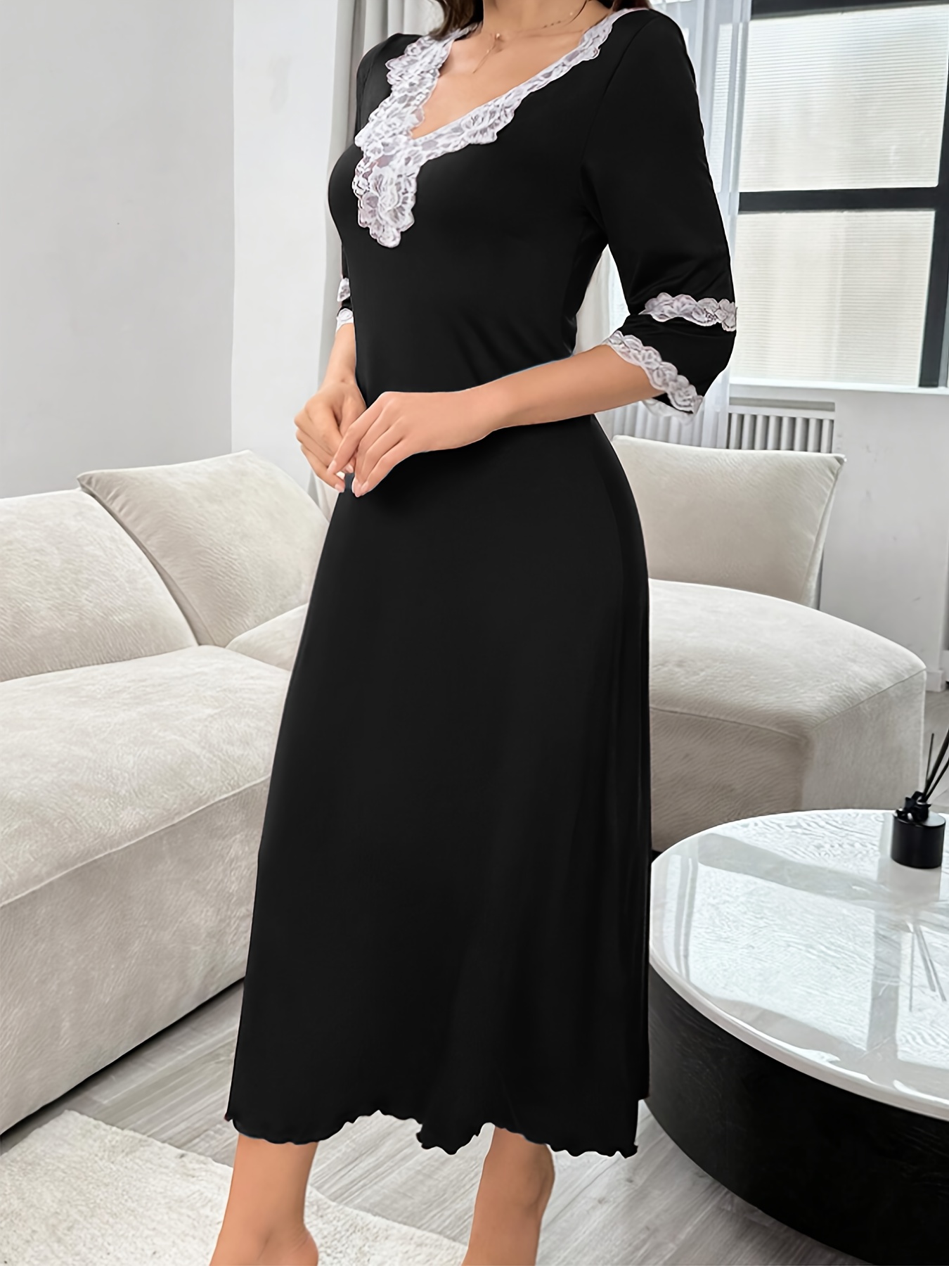womens elegant lace v neck nightgown dress stretchy - Temu