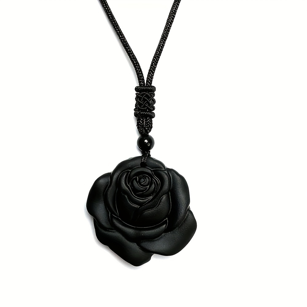 

Fashion Natural Black Obsidian Rose Pendant Necklace - Non-plated Pattern Carved Stone Jewelry