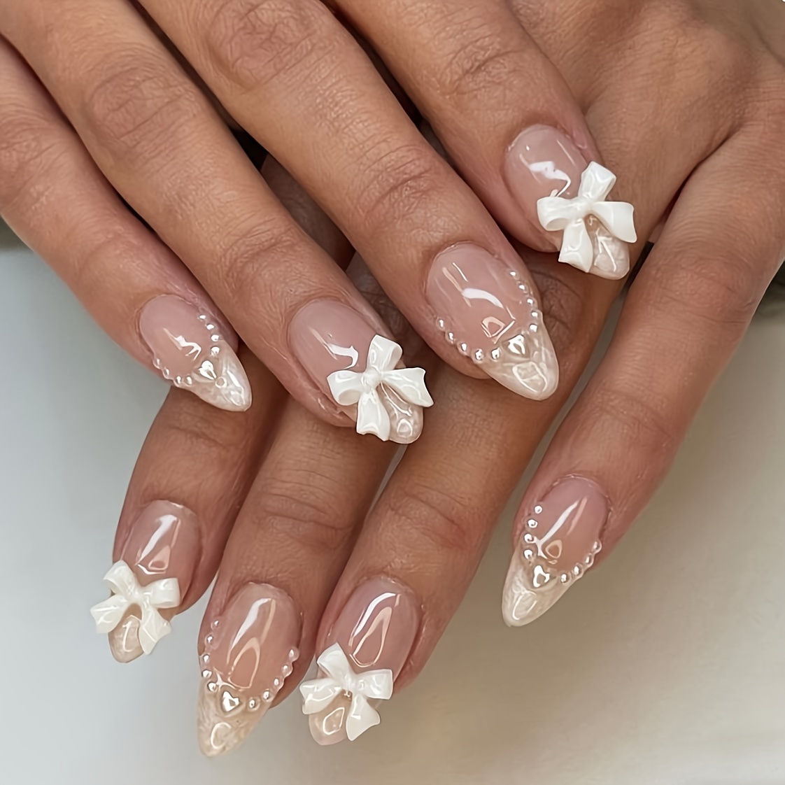 

Medium Almond Press On Nails With Pearls, French Tip Fake Nails, Full Cover Bowknot False Nails For Women And Girls