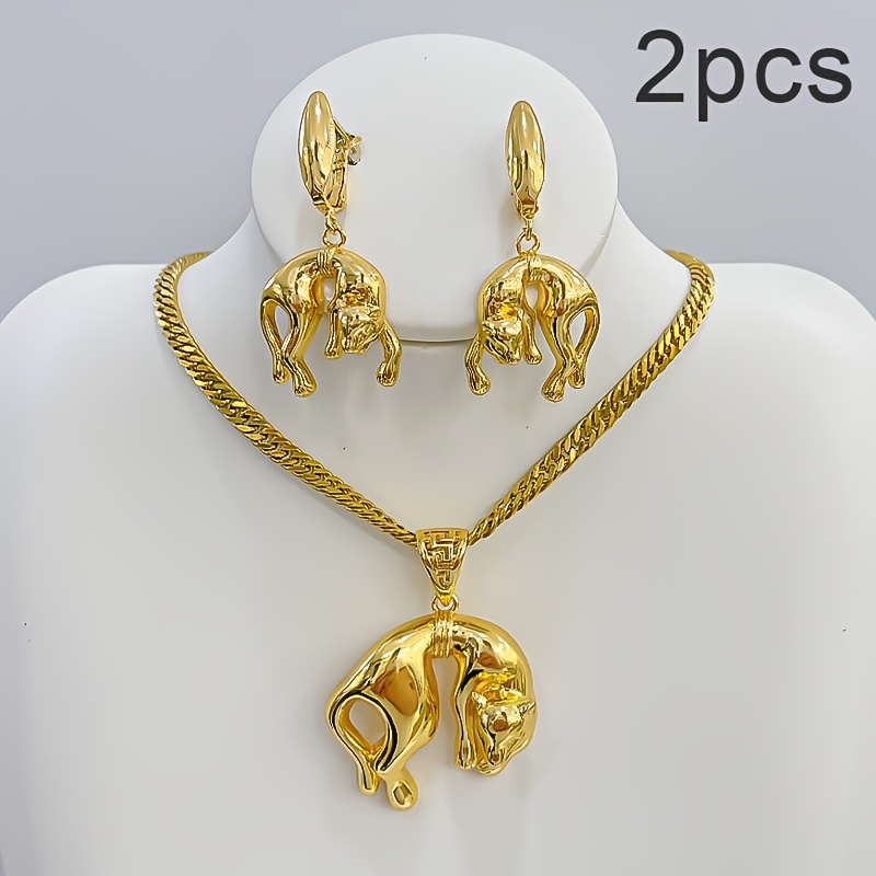 Image of 2pcs Set Brazilian Women's Leopard Print Design Earrings Plus Pendant Necklace Women's Fashion Jewelry Set Dubai, Middle East Bride Wedding Anniversary Gift