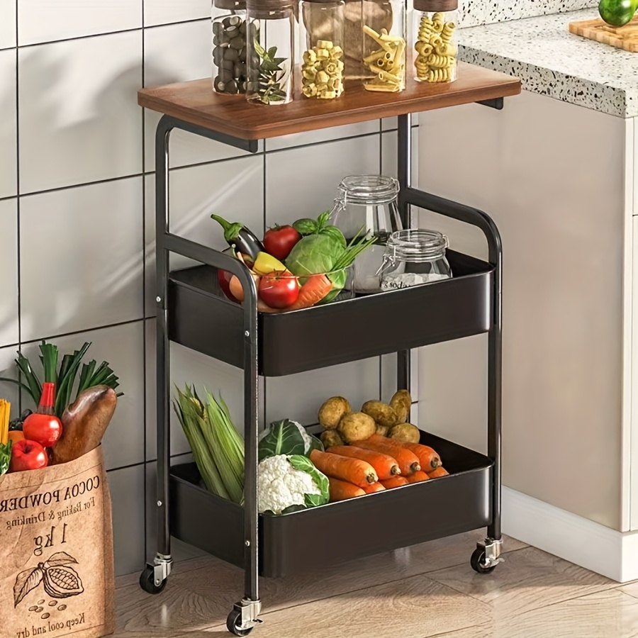 TEMU Chariot de Rangement et Roulant à 3 Niveaux avec Plateau en Bois - Cadre Durable, Roulettes Faciles à Déplacer - Idéal pour Bureau à Domicile,