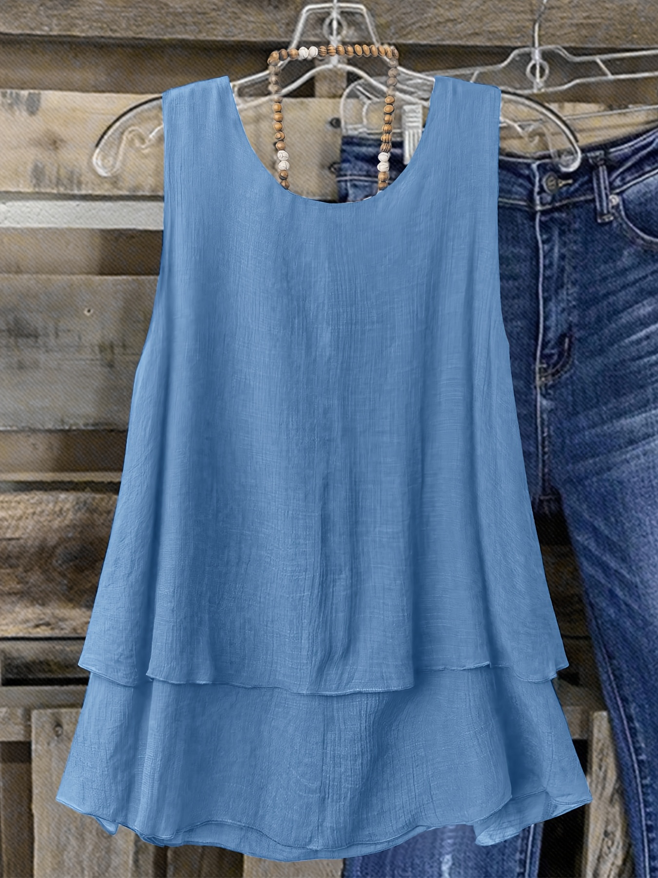 Women's Plus Size Sleeveless Elegant Top - Lightweight Breathable Blue Round Neck Vest, Machine Washable Spring Summer Casual Wear, Elegant Special Line Collection, Sophisticated Design, Textured Fabric