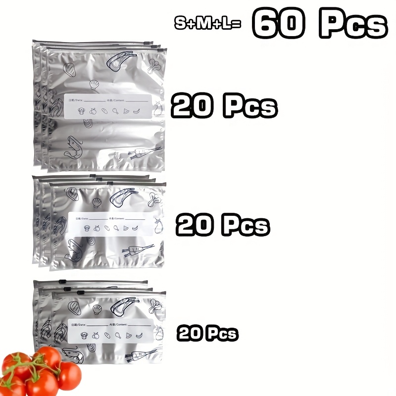 60-pack Of Reusable Aluminum Foil Food Storage Bags, In 3 Sizes; , Freezer-safe Bags Designed For Sealing And Leak-proof Storage Of Fruits, Vegetables, Meats, And Meals