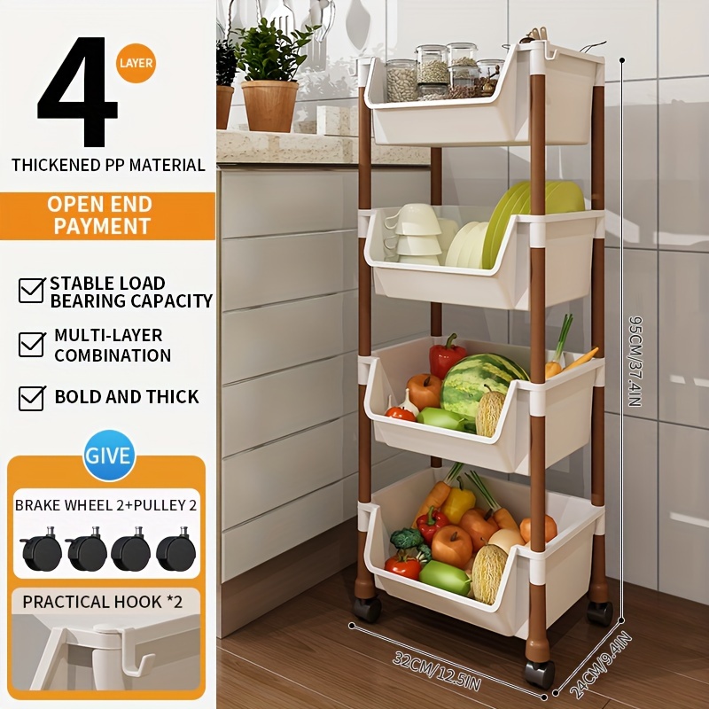 TEMU 1pc Plastic Utility Storage Cart 3/4/5 Tier Shelf Units, Mount Organizer For , Sundries, Trolley Basket Rack For Assembly And Convenient Storage