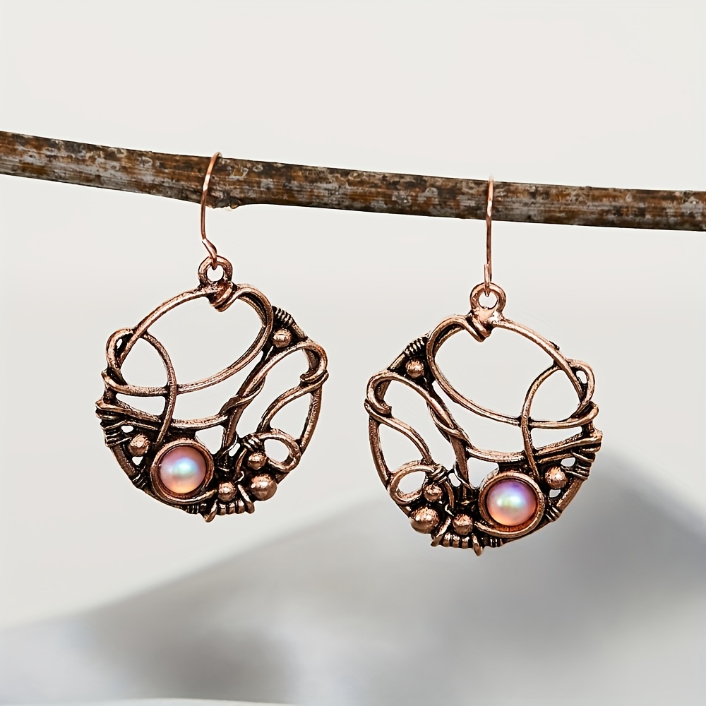 TEMU Vintage Style Red Copper Hollow Distressed Floral Women's Earrings Suitable For Parties, , Style Literary Daily Use Ear Jewelry