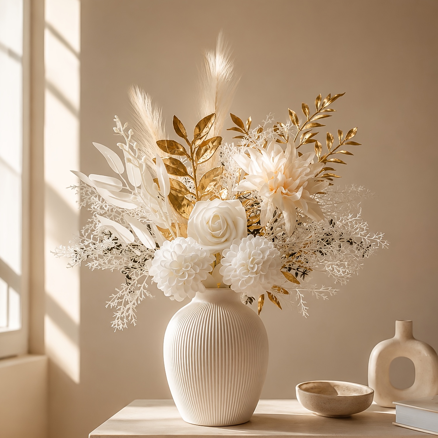 TEMU 1 Set Of Plush Chrysanthemums, Jelly Rose Hearts, Chrysanthemums, Jade Leaves, Gilded , And Shrub Branches Layered And Expanding, Soft White And