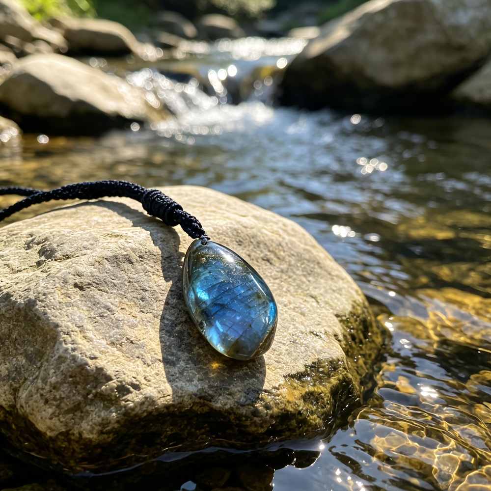 Handmade Iridescent Labradorite Necklace, Boho Water Droplet Pendant